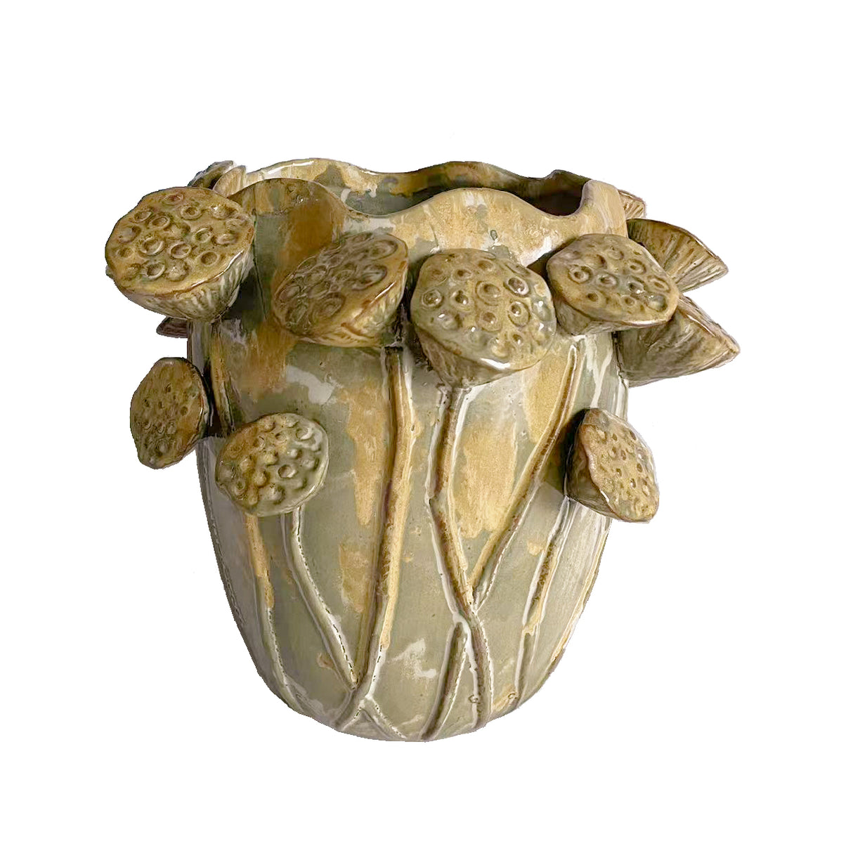 Jarrón de Cerámica Artesanal con Semillas de Loto 27.5 x 31 x 31cm