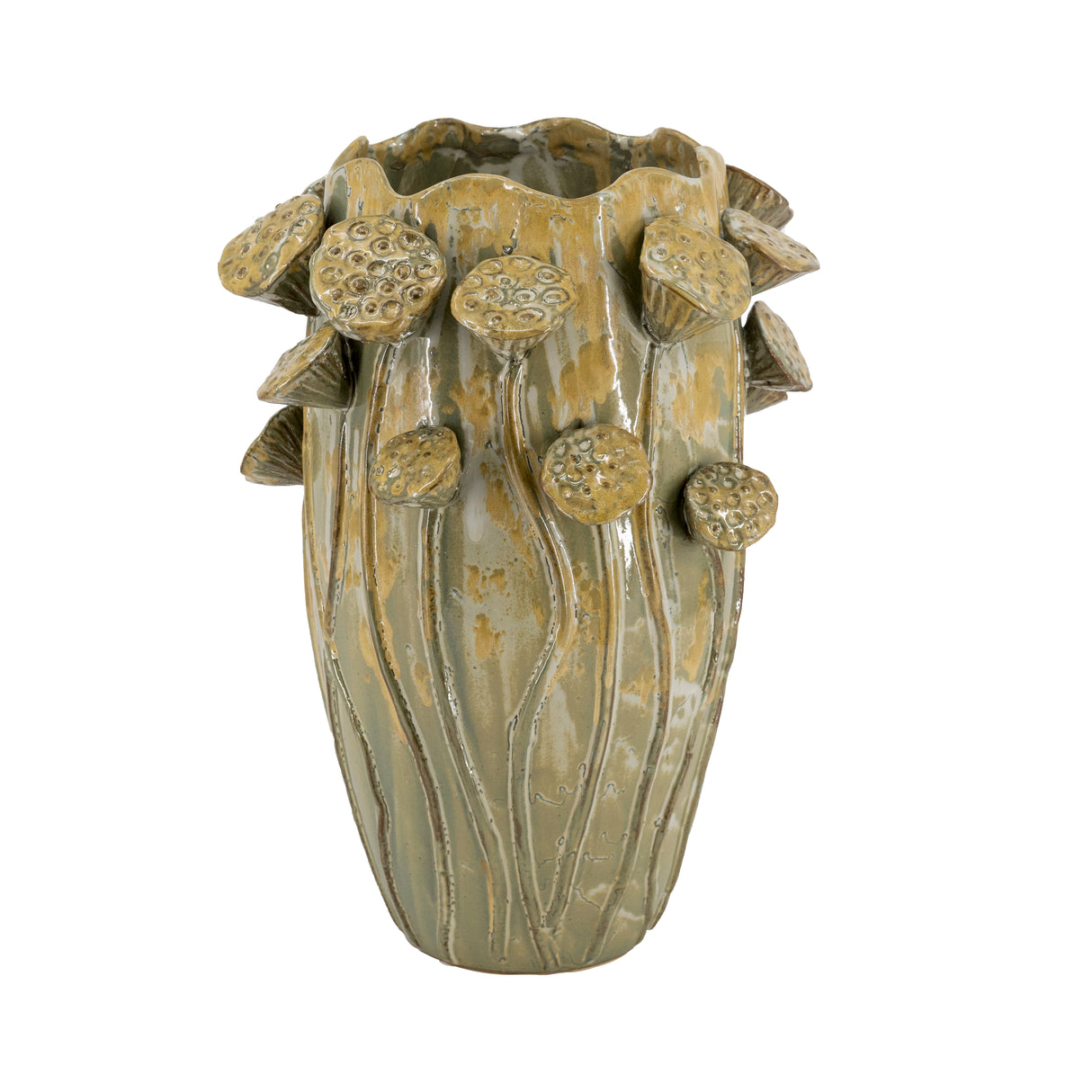 Jarrón de Cerámica Artesanal con Semillas de Loto 40.5 x 30 x 30cm