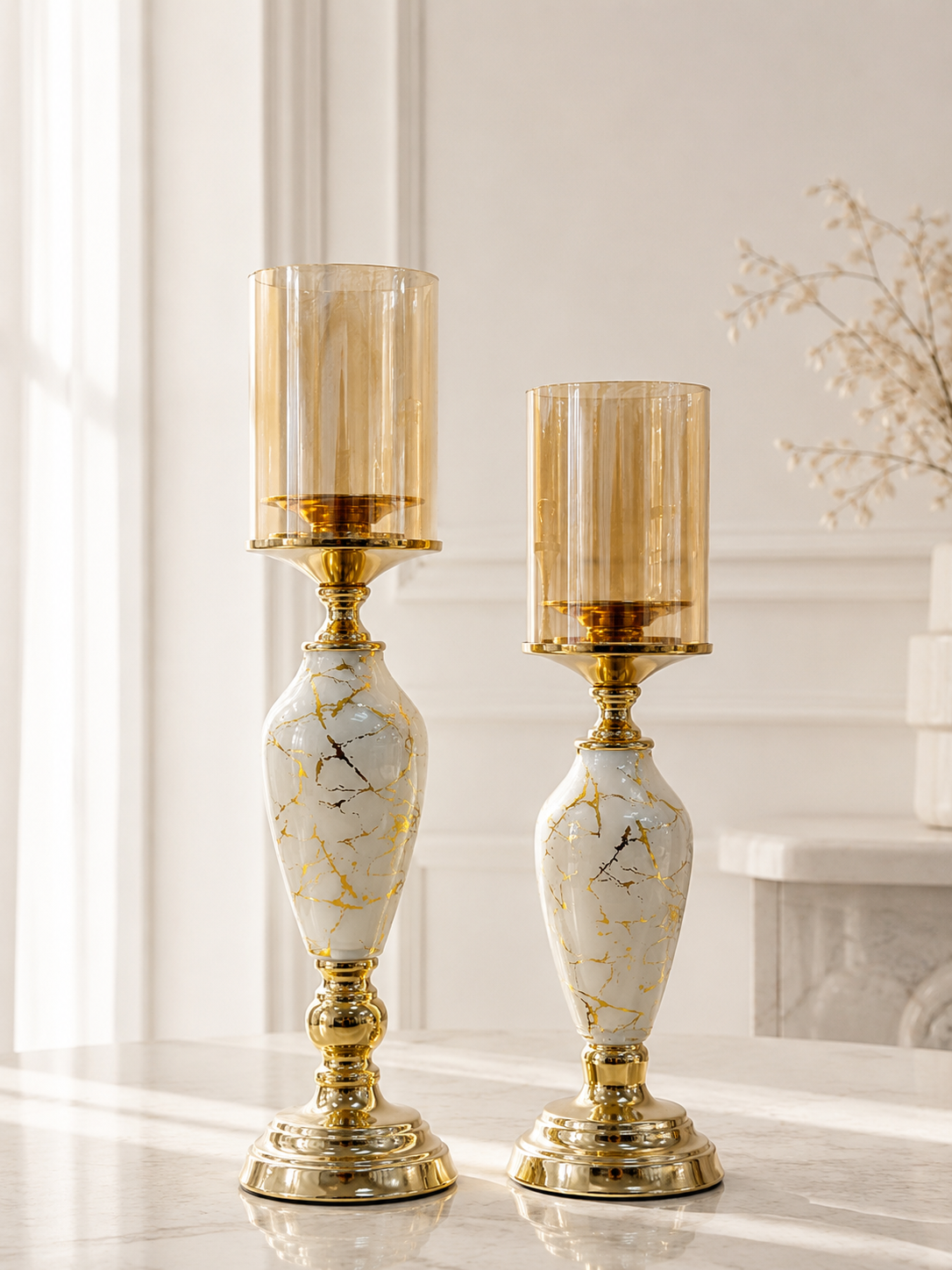 Set Candelabros Marmolizados 12.5*48CM y 12.5*42CM