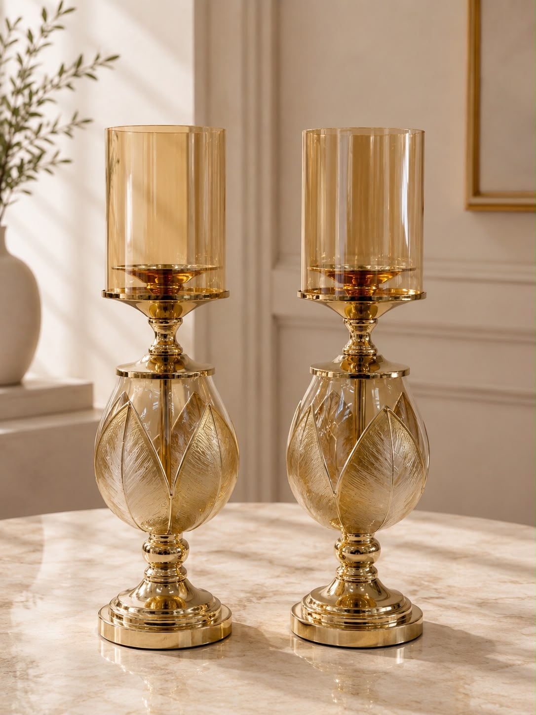 Candelabros Hojas dorado set x 2 14*14*47CM